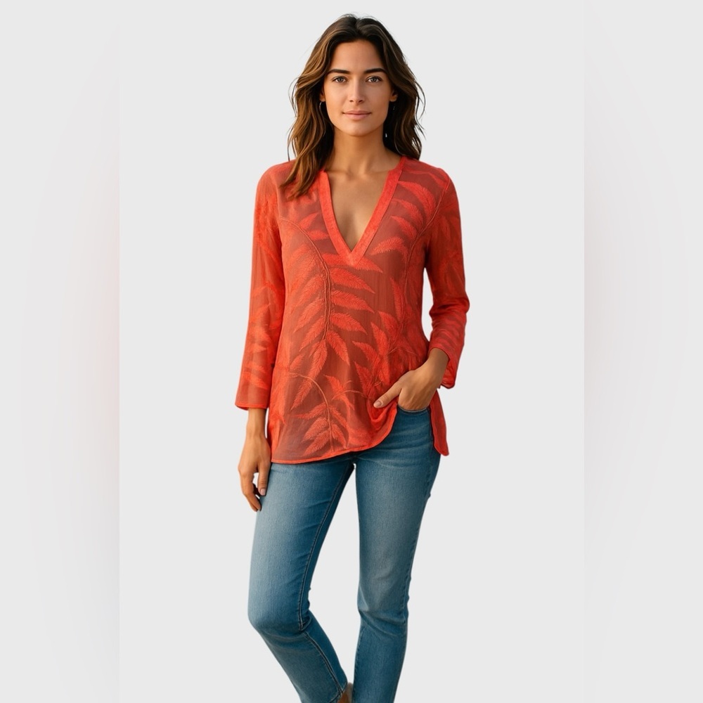 Alice + Olivia Women's 100% Silk Pullover Tunic Blouse, Coral Orange, Size XS/TP - Picture 2 of 13